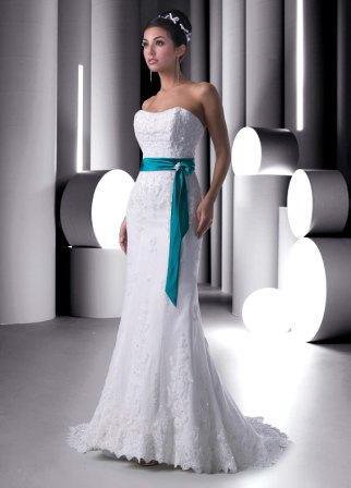 Lace Mermaid Wedding gown with turquoise sash